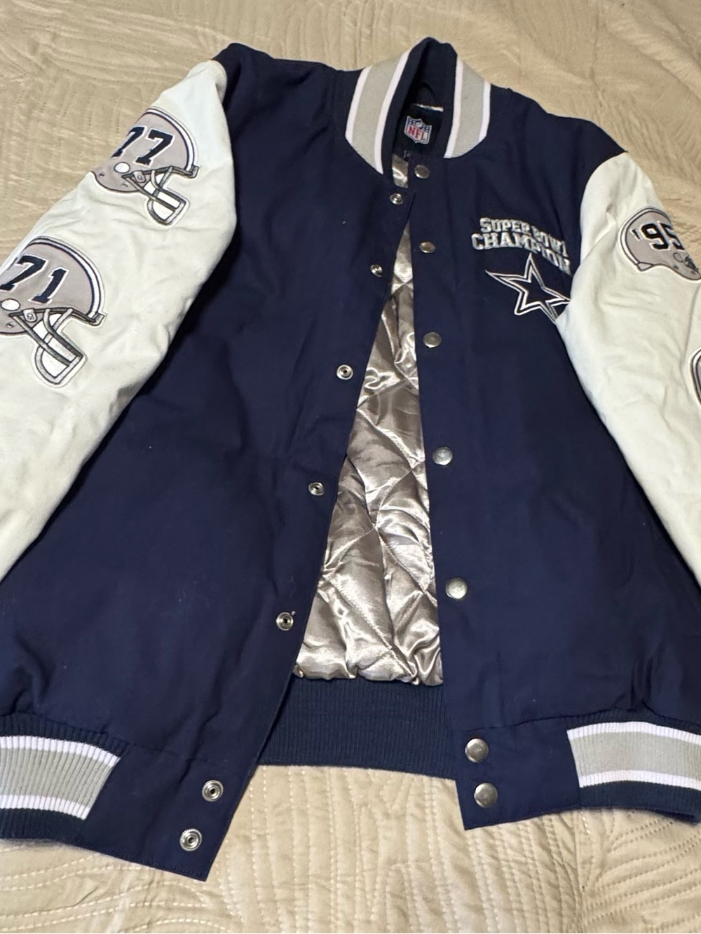 NFL Dallas Cowboys Navy and White Varsity Bomber Jacket Size Large